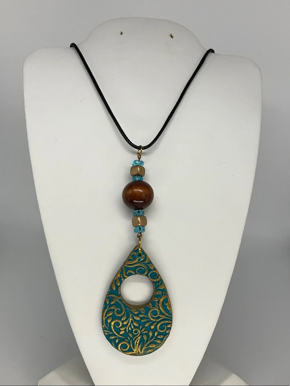 Handcrafted Teardrop Pendant Necklace in Teal and Gold-18 Inch